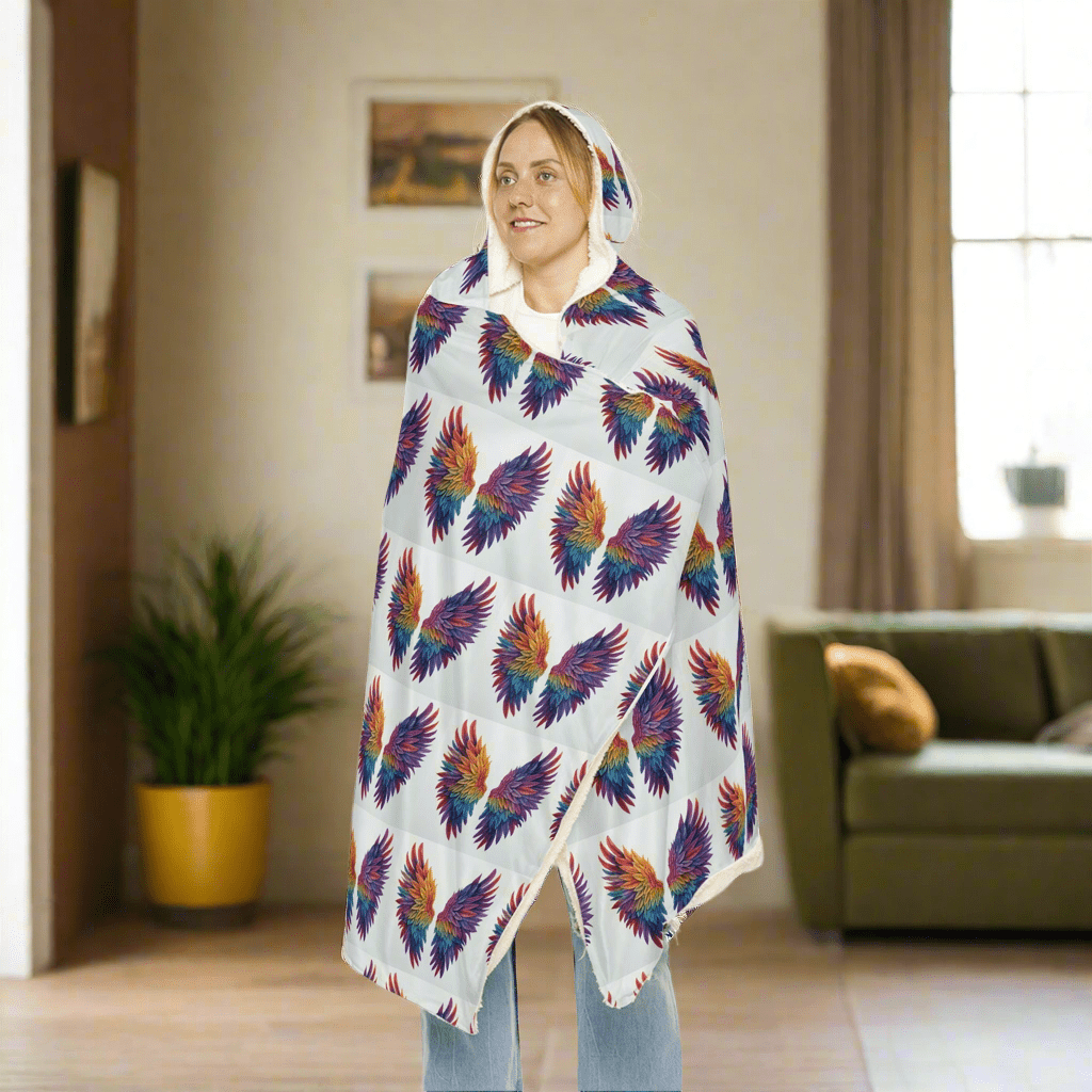 Cozy Hooded Snuggle Blanket with Colorful Feather DesignAll Over Prints