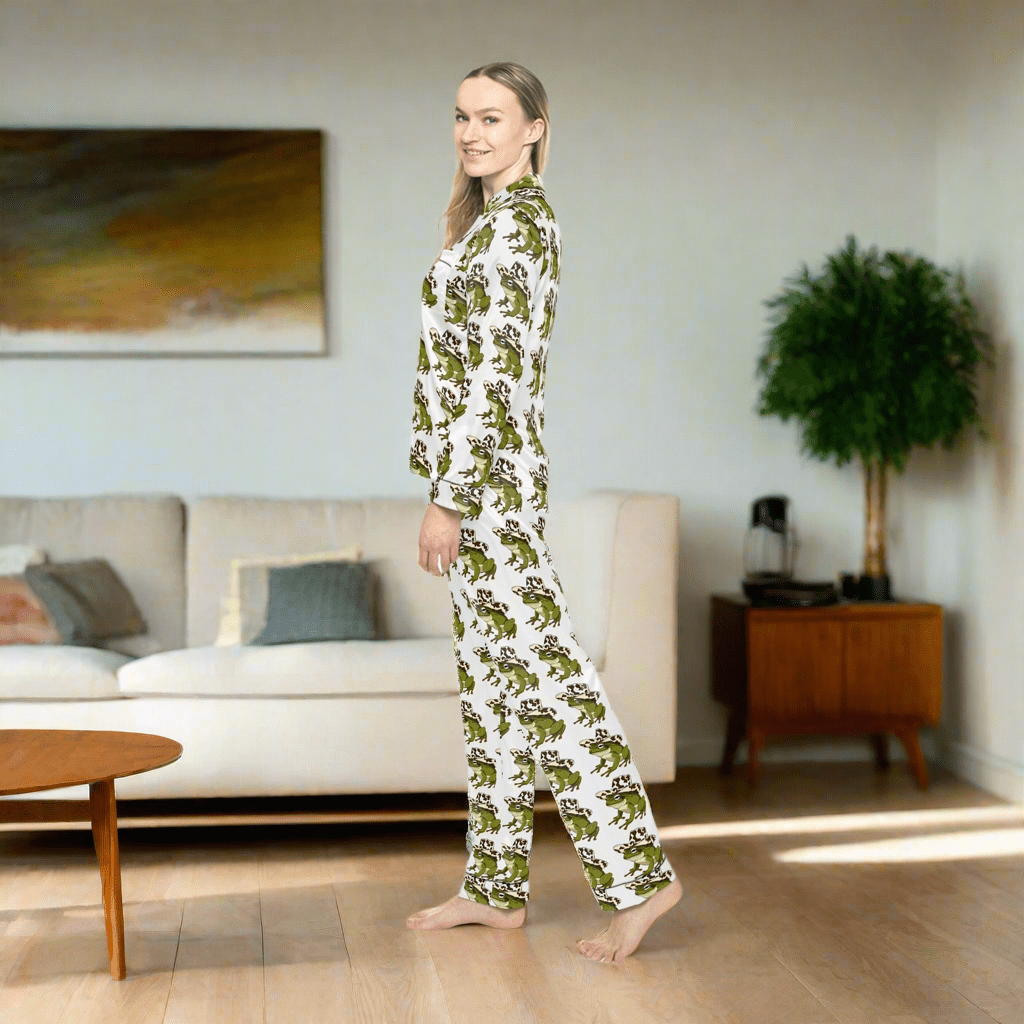 Cozy Women's Satin Pajamas with Fun Frog Design - Perfect for Relaxing NightsAll Over Prints