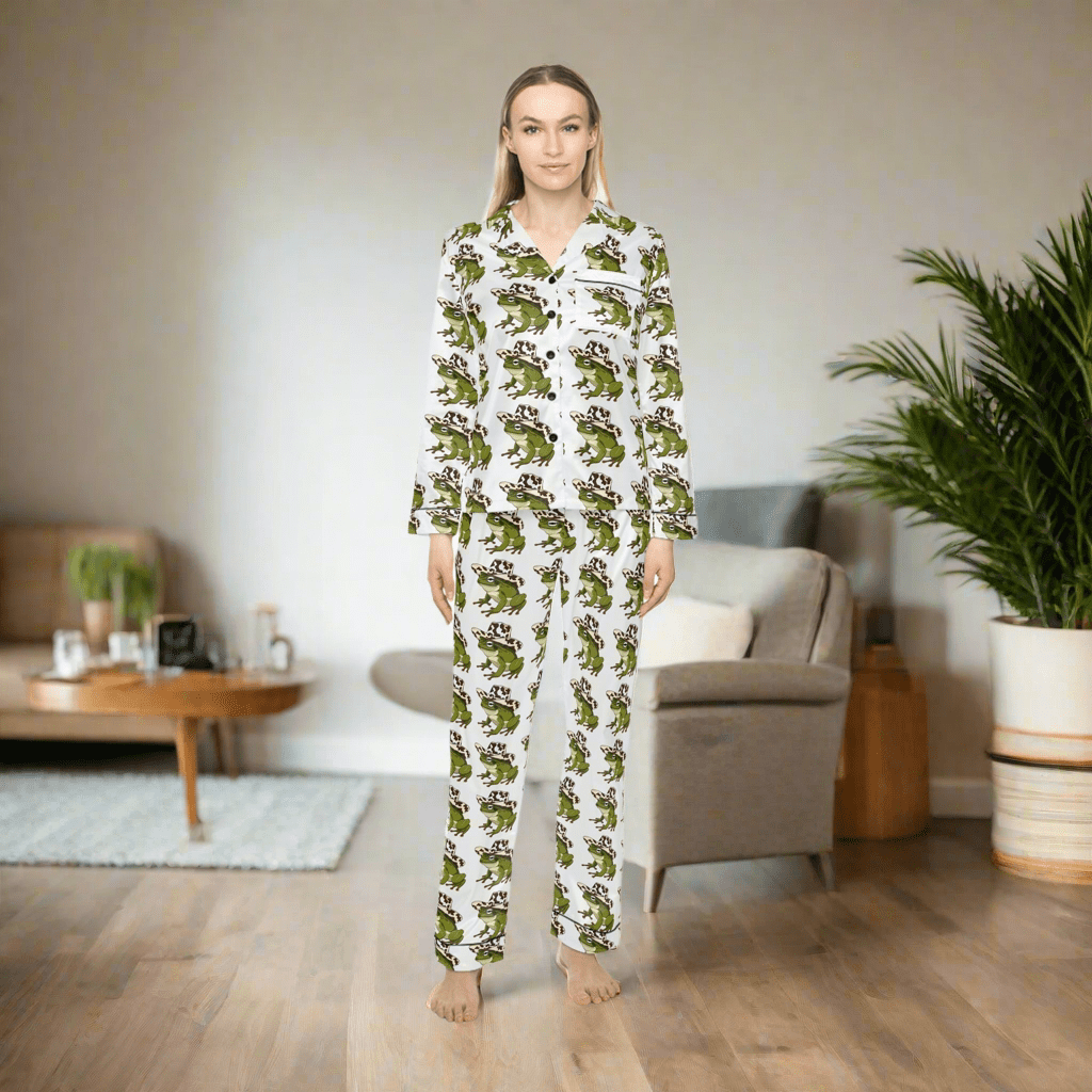 Cozy Women's Satin Pajamas with Fun Frog Design - Perfect for Relaxing NightsAll Over Prints