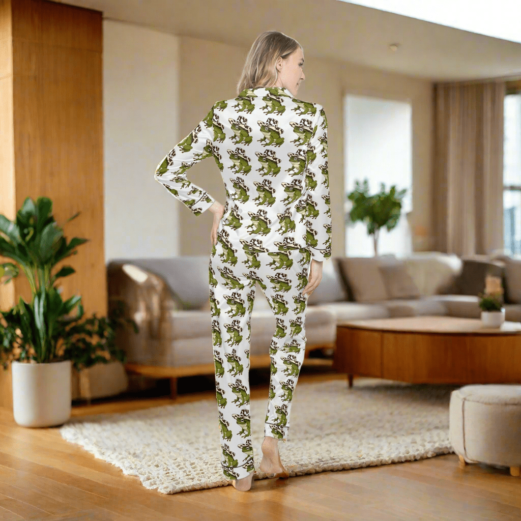 Cozy Women's Satin Pajamas with Fun Frog Design - Perfect for Relaxing NightsAll Over Prints