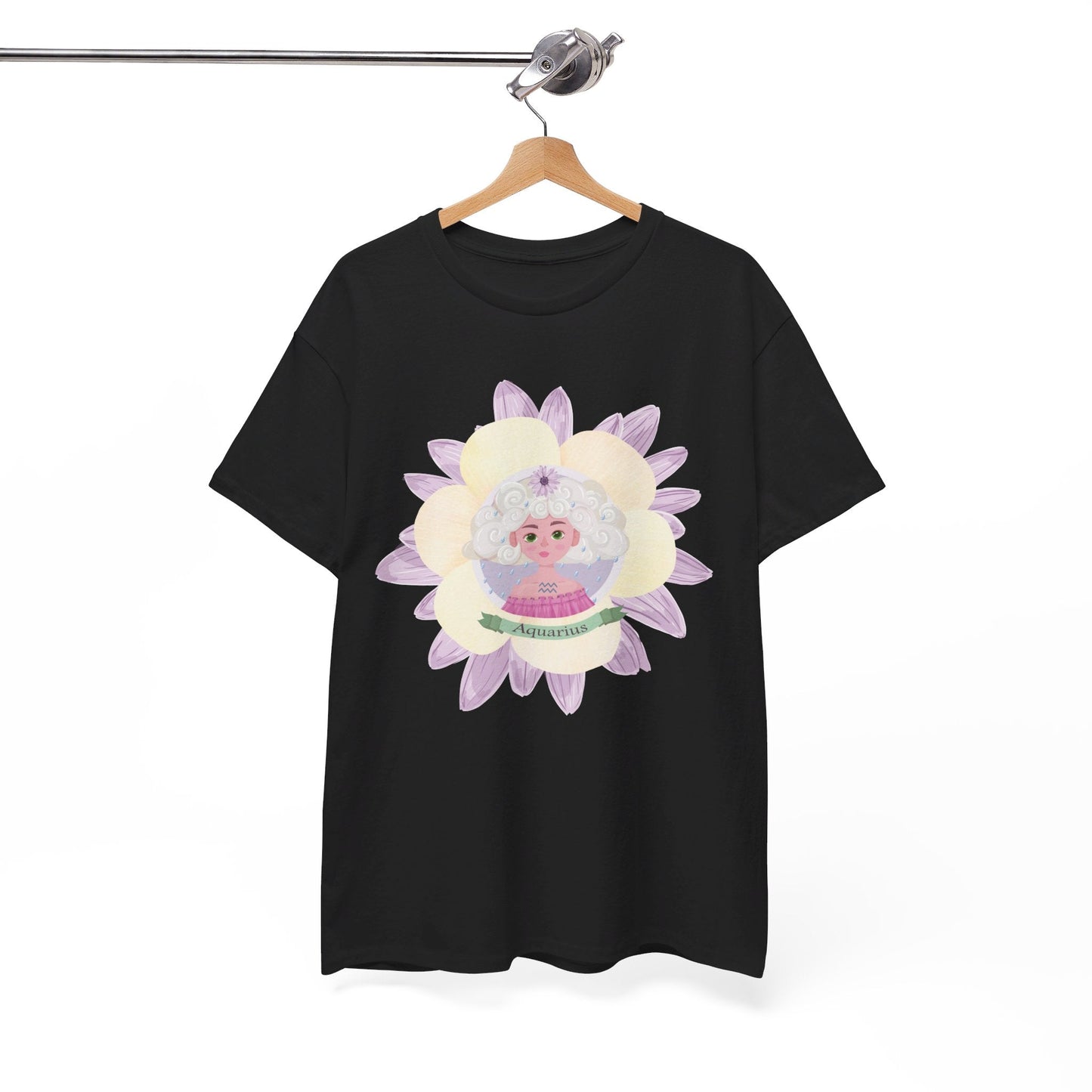 Aquarius Zodiac cute girl flower graphic  Heavy Cotton Tee