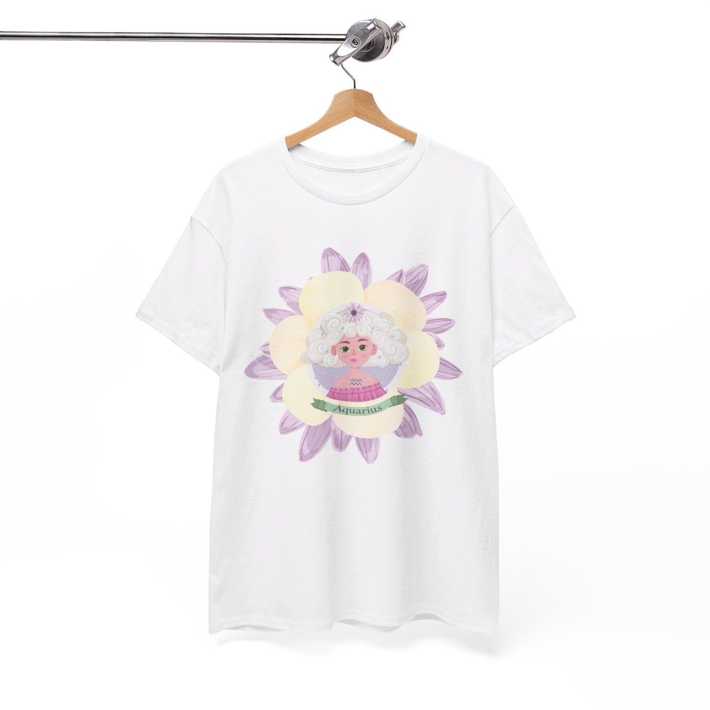 Aquarius Zodiac cute girl flower graphic  Heavy Cotton Tee