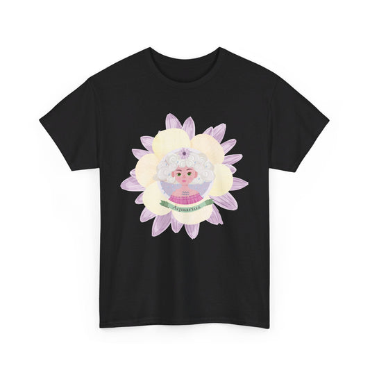 Aquarius Zodiac cute girl flower graphic  Heavy Cotton Tee