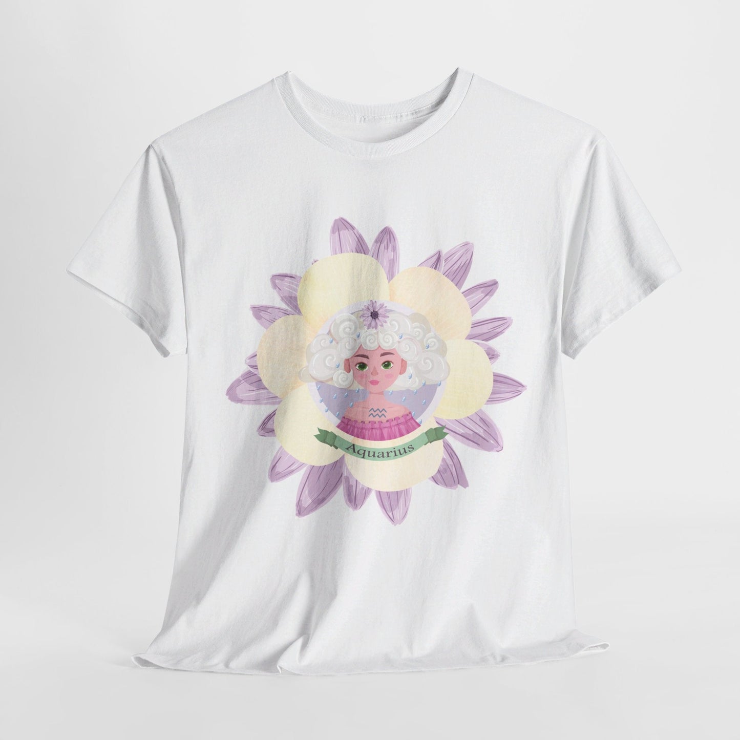 Aquarius Zodiac cute girl flower graphic  Heavy Cotton Tee