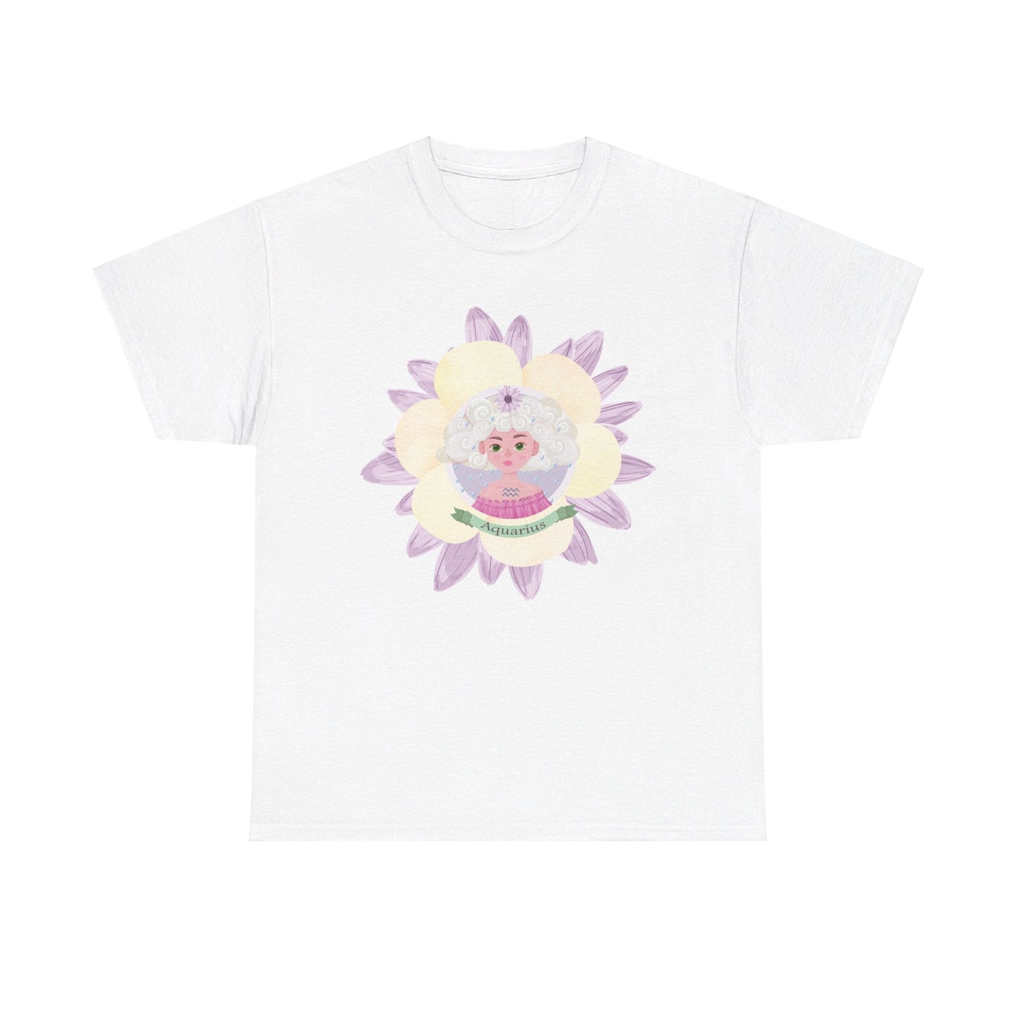 Aquarius Zodiac cute girl flower graphic  Heavy Cotton Tee