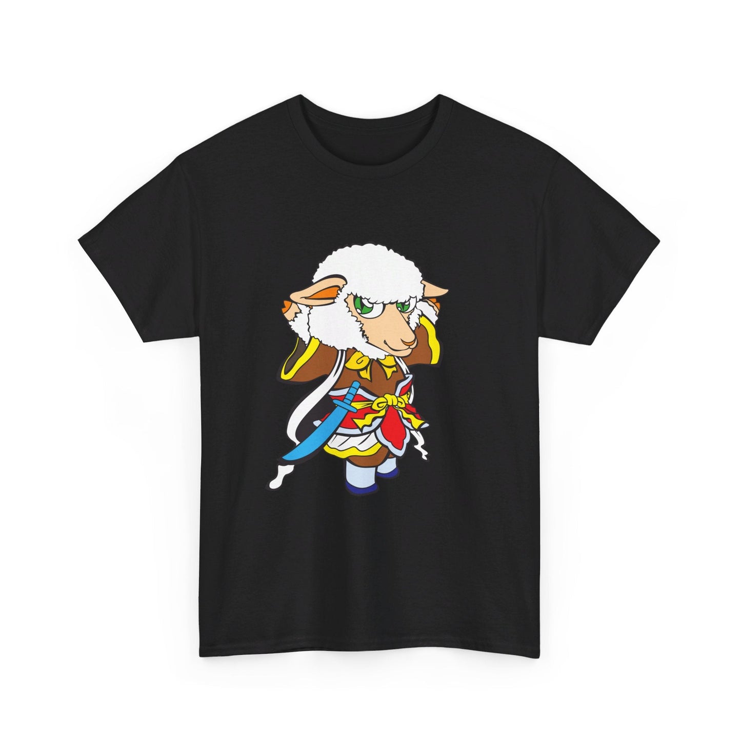 1. A black t-shirt featuring a quirky design of a sheep confidently wielding a sword. 

2. Black t-shirt showcasing a playful sheep brandishing a sword, adding a fun twist to casual wear.

3. A stylish black t-shirt with a humorous graphic of a sheep holding a sword, perfect for making a statement.