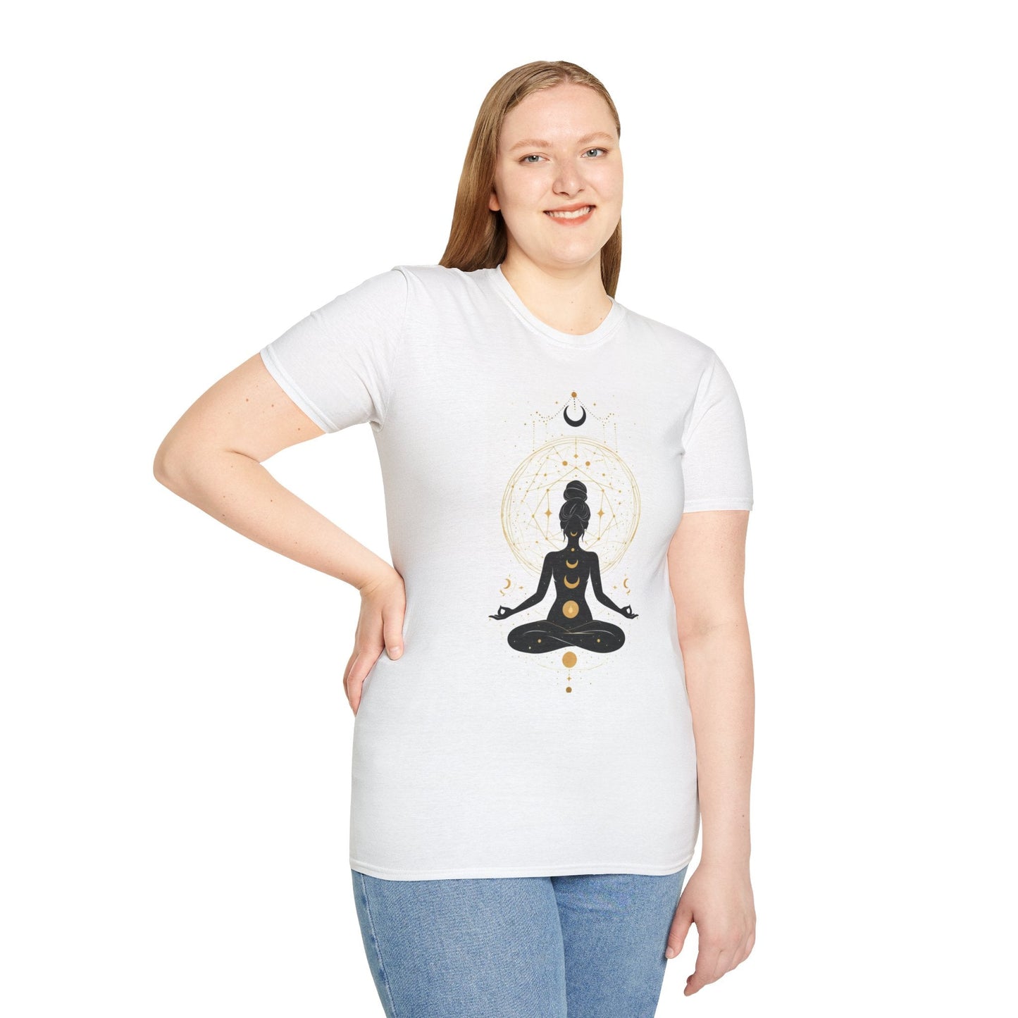 Aura girl with golden cosmic accents graphic shirt