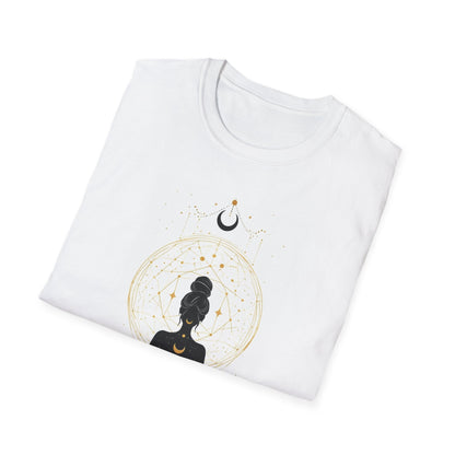 Aura girl with golden cosmic accents graphic shirt