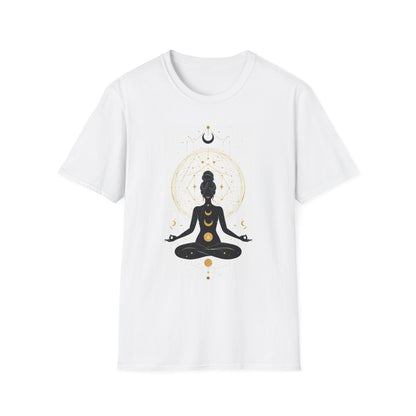 Aura girl with golden cosmic accents graphic shirt