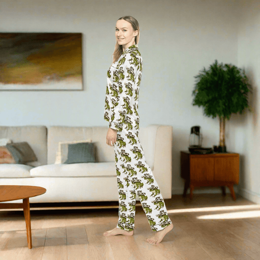 Cozy Women's Satin Pajamas with Fun Frog Design - Perfect for Relaxing NightsAll Over Prints