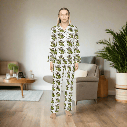 Cozy Women's Satin Pajamas with Fun Frog Design - Perfect for Relaxing NightsAll Over Prints