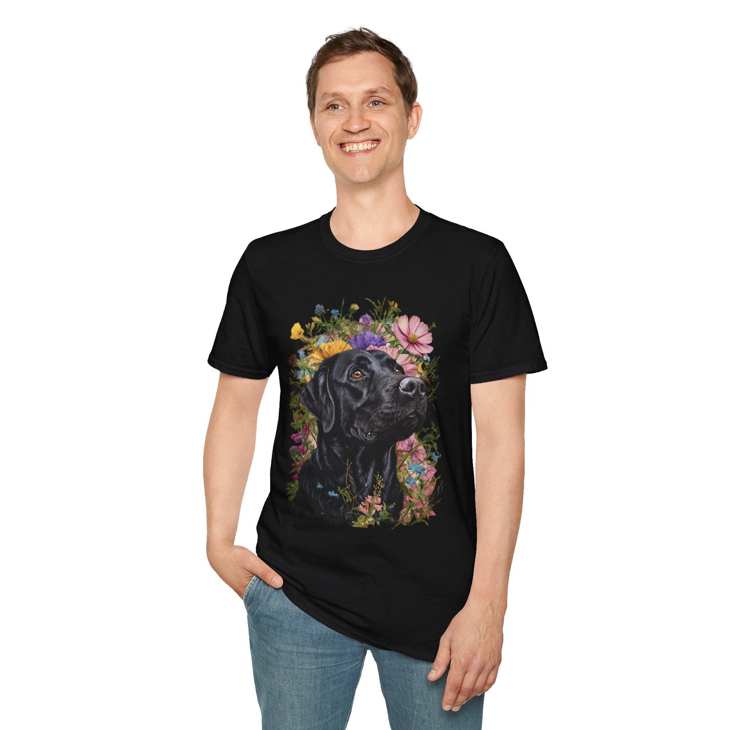 Labrador Retriever Surrounded by Colorful Flowers Tee