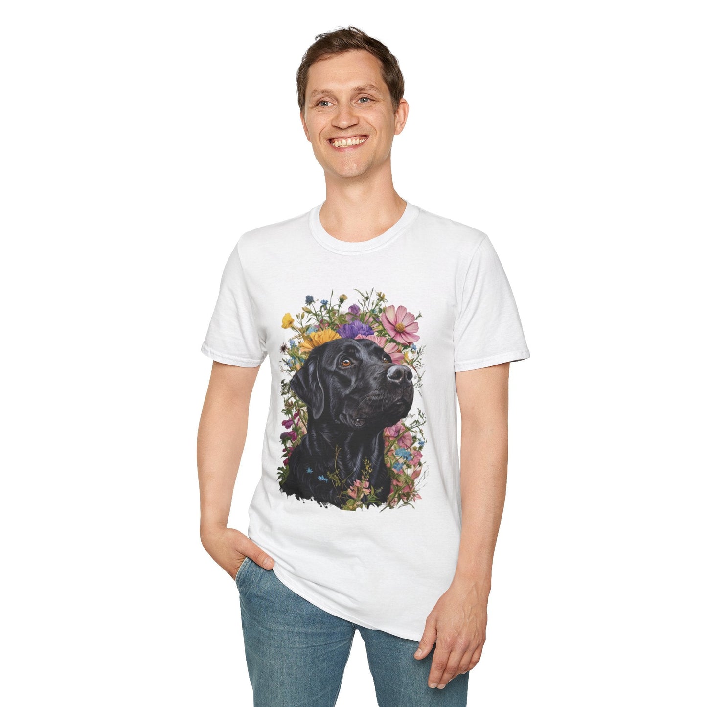 Labrador Retriever Surrounded by Colorful Flowers Tee