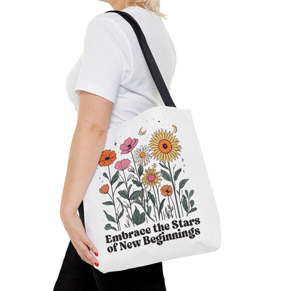 Floral 'Embrace the Stars of New Beginnings' Tote Bag — Boho Sunflower & Daisy Garden ToteBags