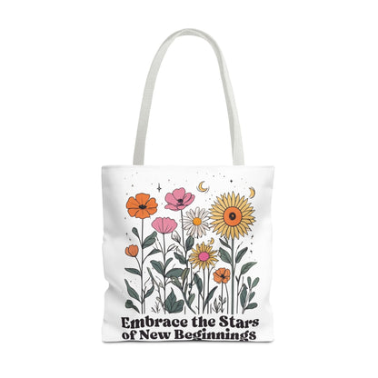 Floral 'Embrace the Stars of New Beginnings' Tote Bag — Boho Sunflower & Daisy Garden ToteBags