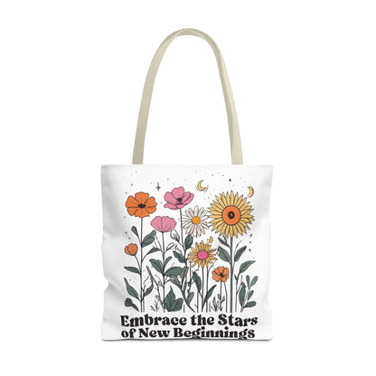 Floral 'Embrace the Stars of New Beginnings' Tote Bag — Boho Sunflower & Daisy Garden ToteBags