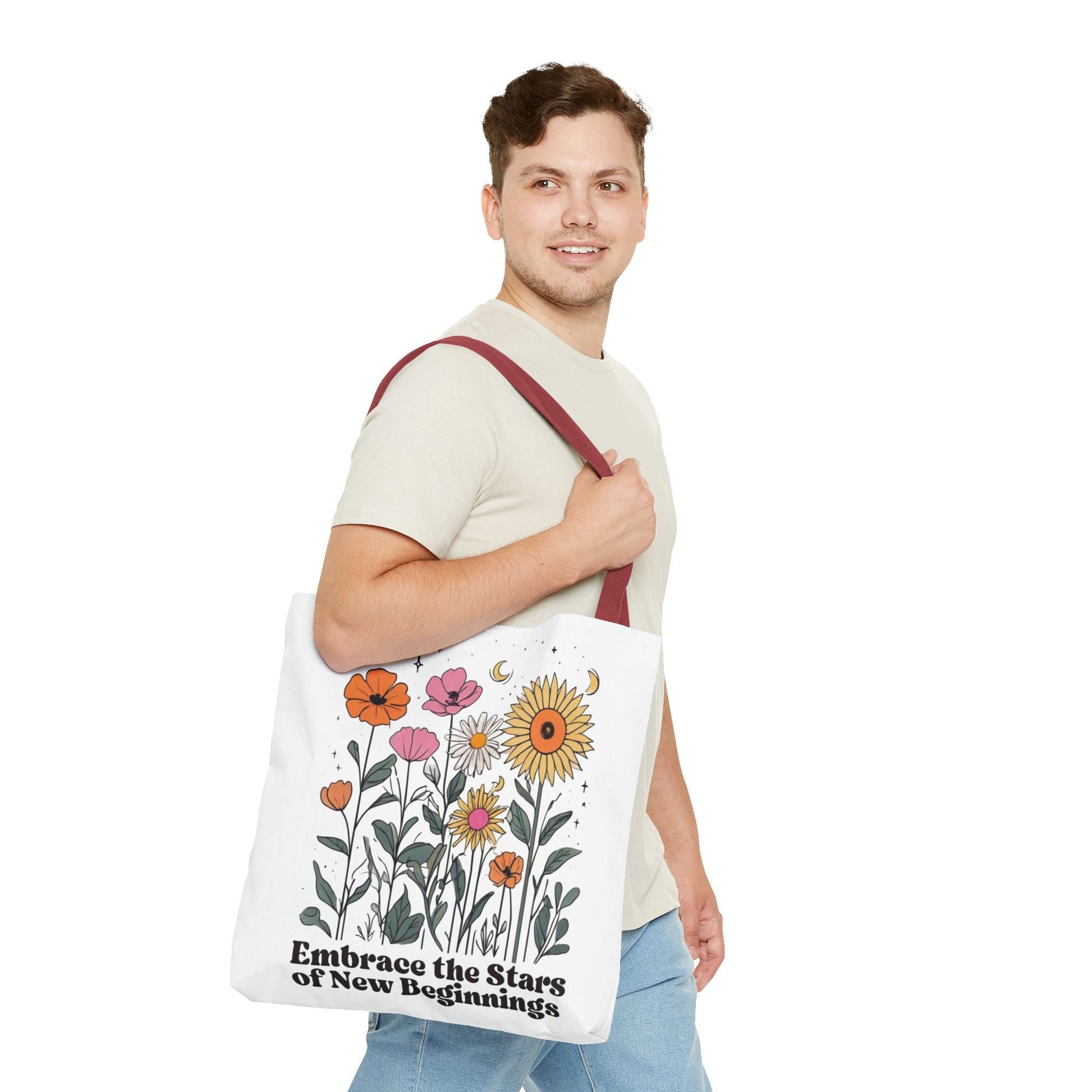 Floral 'Embrace the Stars of New Beginnings' Tote Bag — Boho Sunflower & Daisy Garden ToteBags