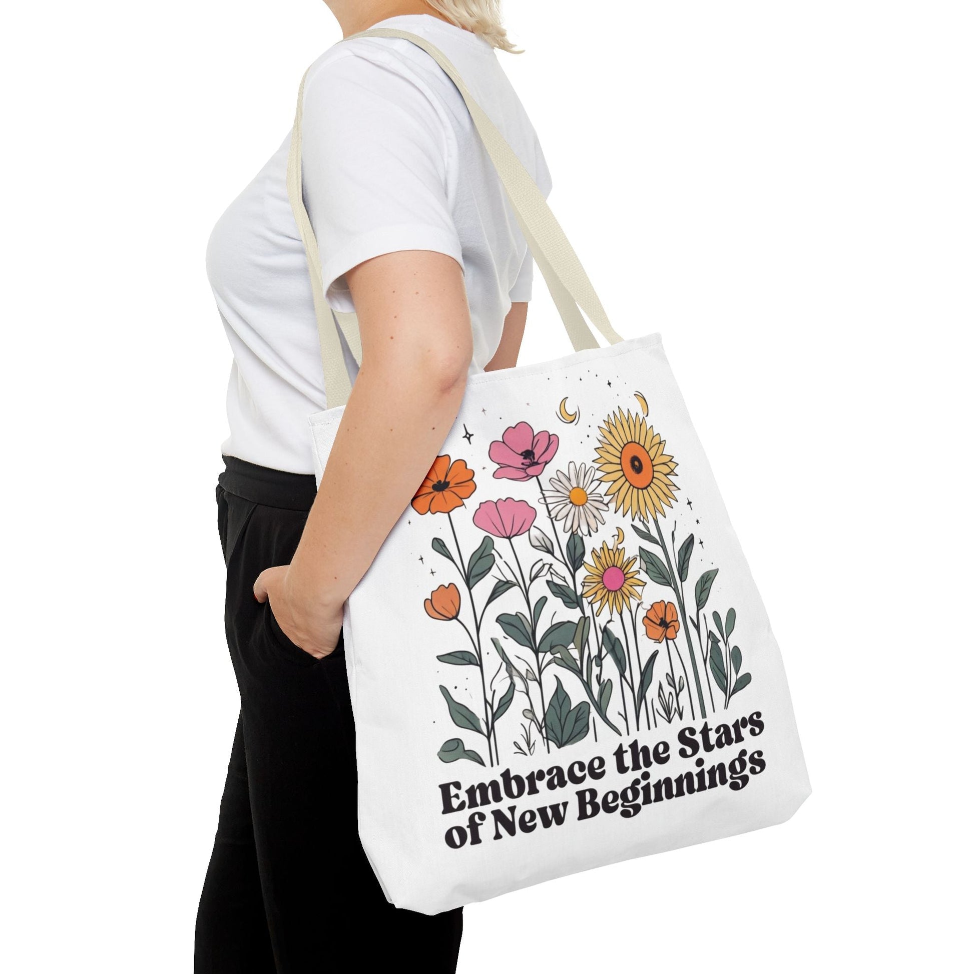 Floral 'Embrace the Stars of New Beginnings' Tote Bag — Boho Sunflower & Daisy Garden ToteBags