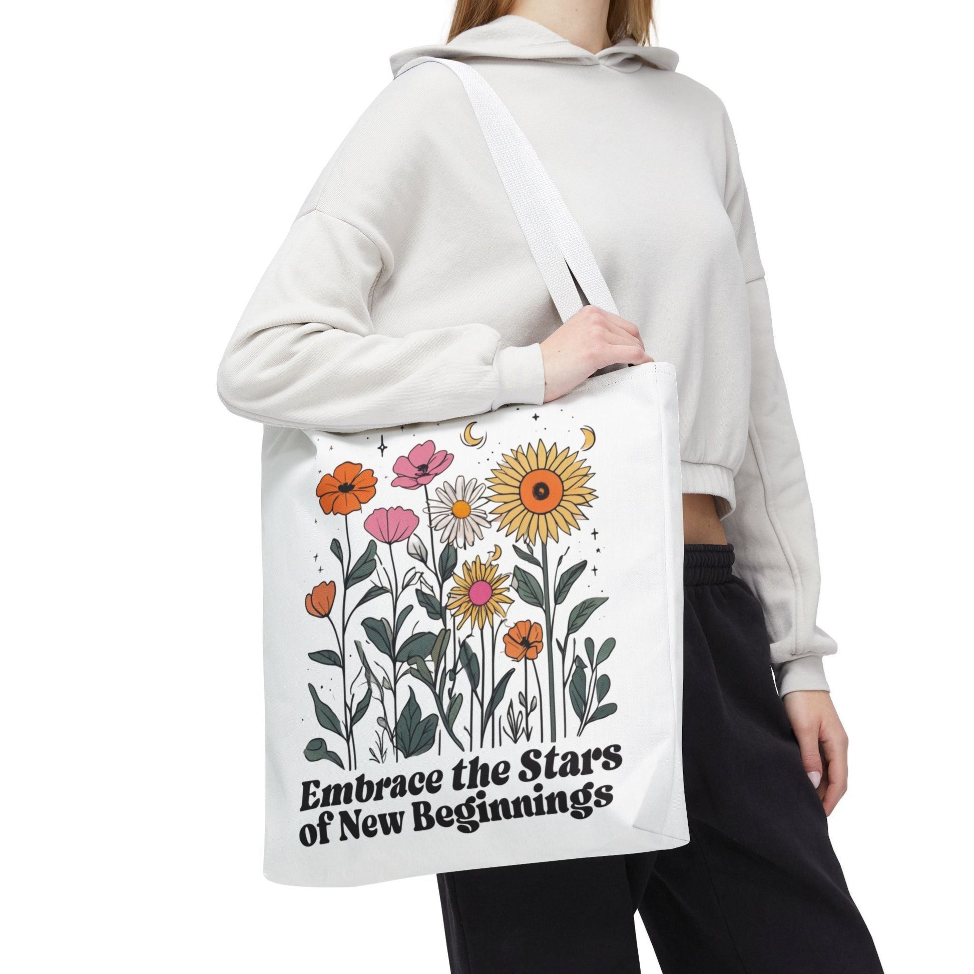 Floral 'Embrace the Stars of New Beginnings' Tote Bag — Boho Sunflower & Daisy Garden ToteBags