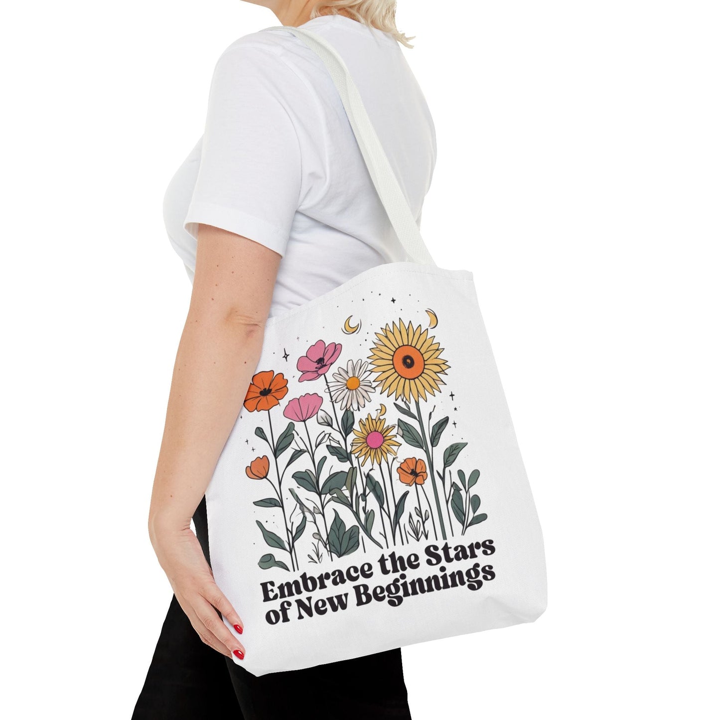 Floral 'Embrace the Stars of New Beginnings' Tote Bag — Boho Sunflower & Daisy Garden ToteBags
