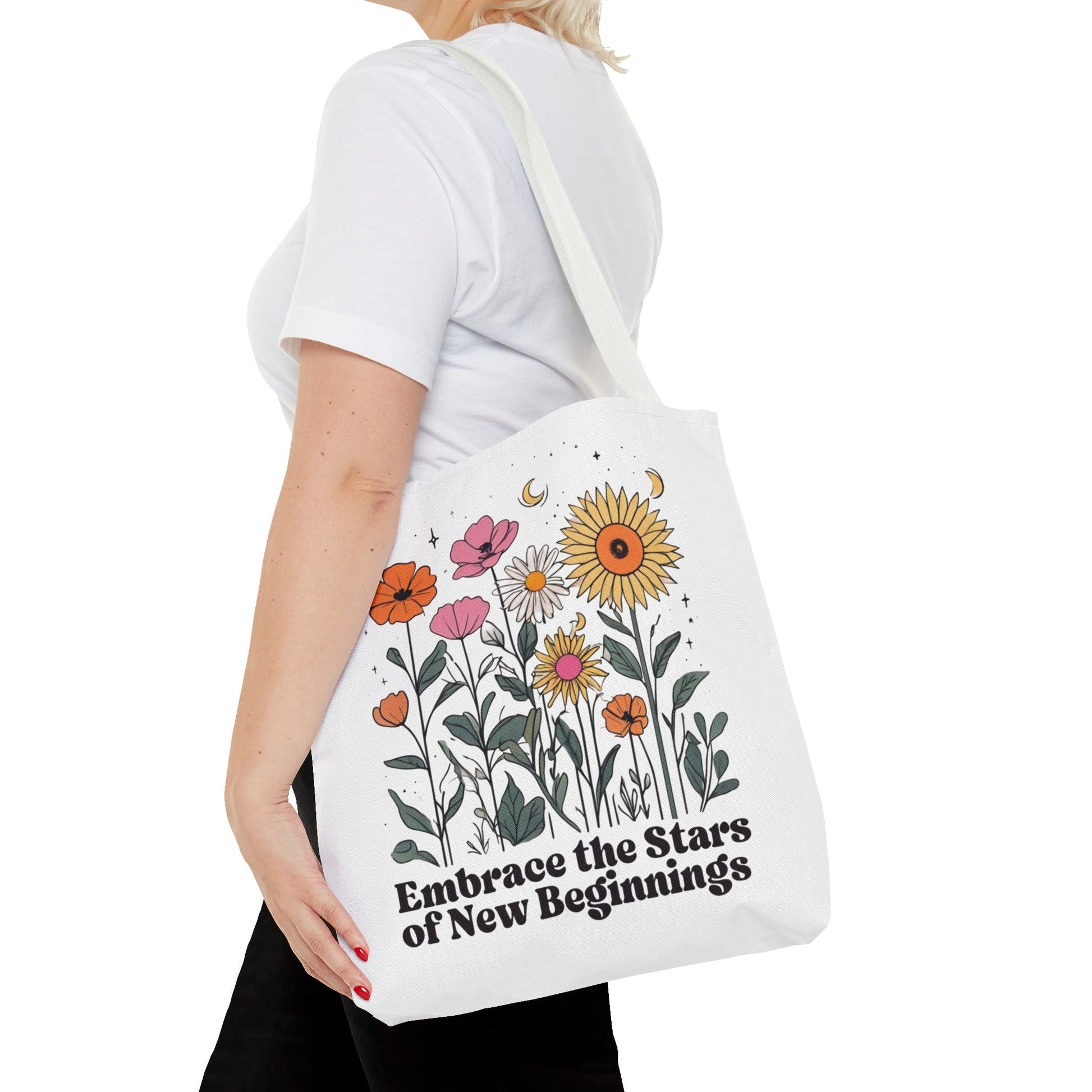 Floral 'Embrace the Stars of New Beginnings' Tote Bag — Boho Sunflower & Daisy Garden ToteBags