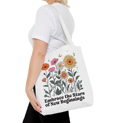 Floral 'Embrace the Stars of New Beginnings' Tote Bag — Boho Sunflower & Daisy Garden ToteBags