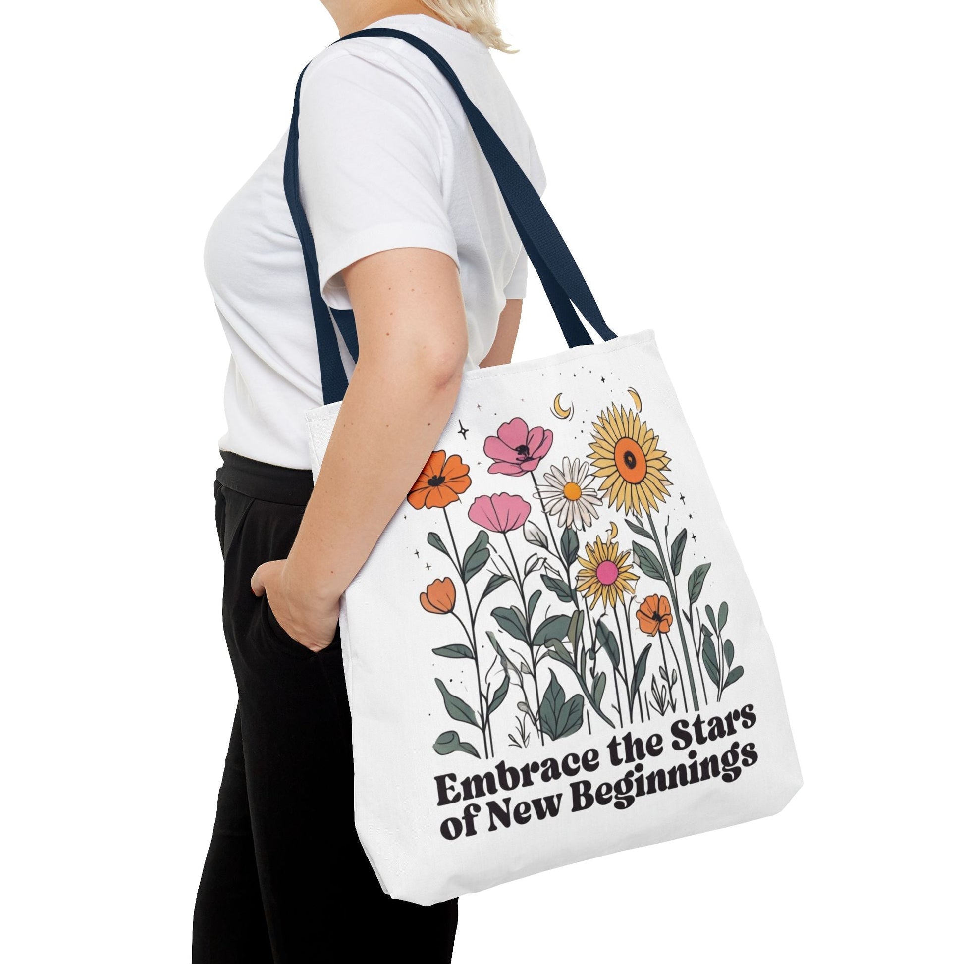 Floral 'Embrace the Stars of New Beginnings' Tote Bag — Boho Sunflower & Daisy Garden ToteBags