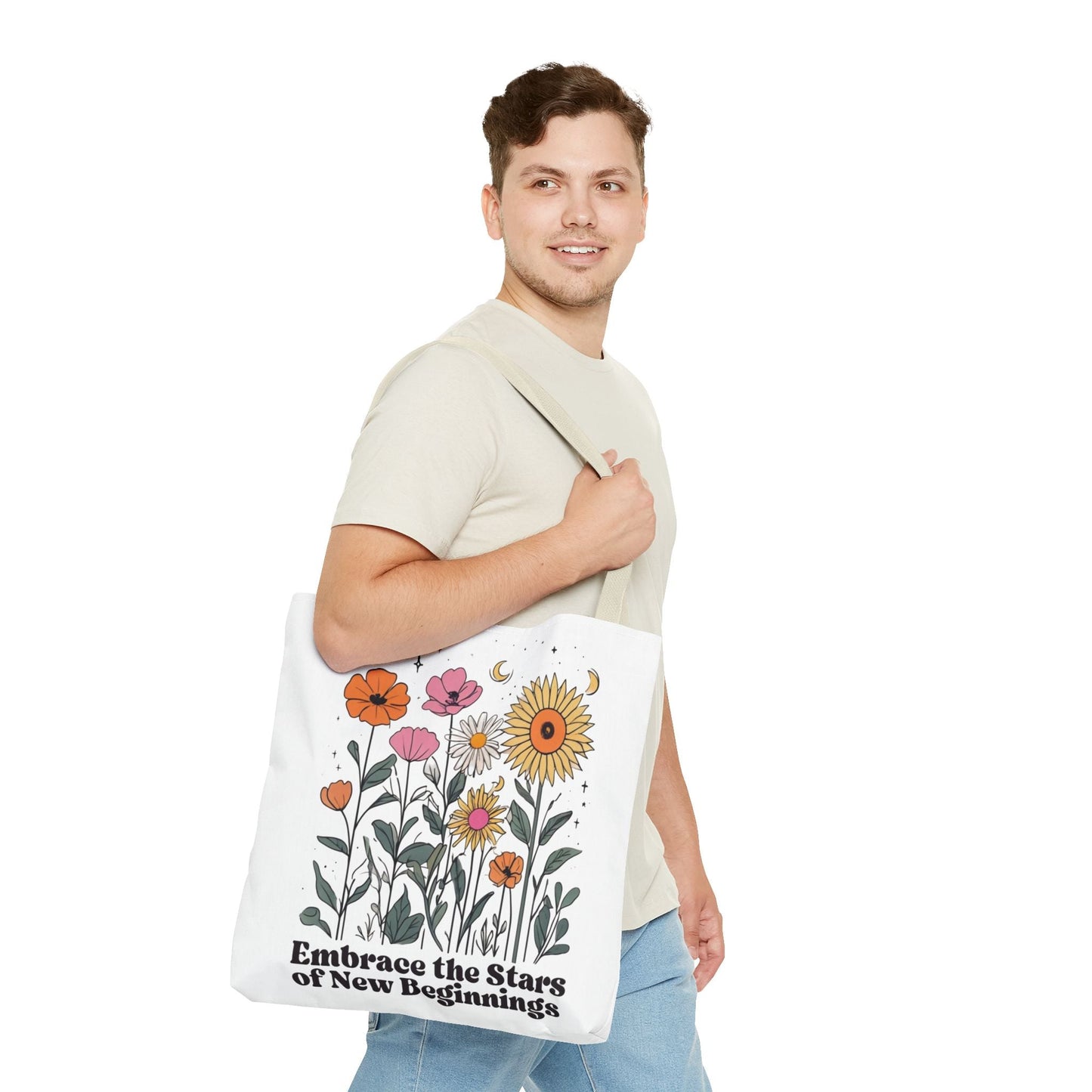 Floral 'Embrace the Stars of New Beginnings' Tote Bag — Boho Sunflower & Daisy Garden ToteBags