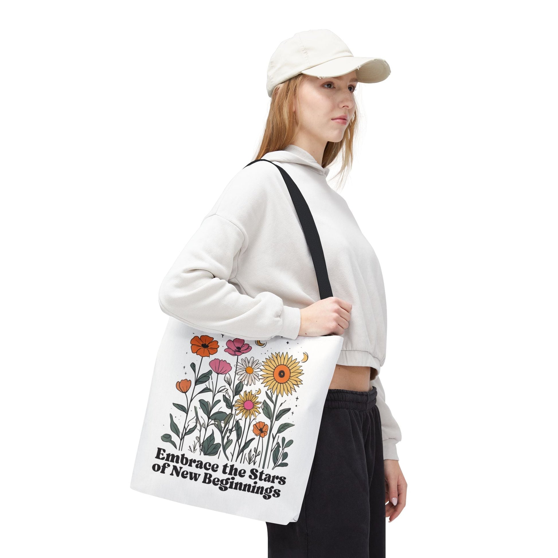 Floral 'Embrace the Stars of New Beginnings' Tote Bag — Boho Sunflower & Daisy Garden ToteBags