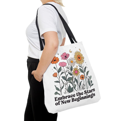 Floral 'Embrace the Stars of New Beginnings' Tote Bag — Boho Sunflower & Daisy Garden ToteBags