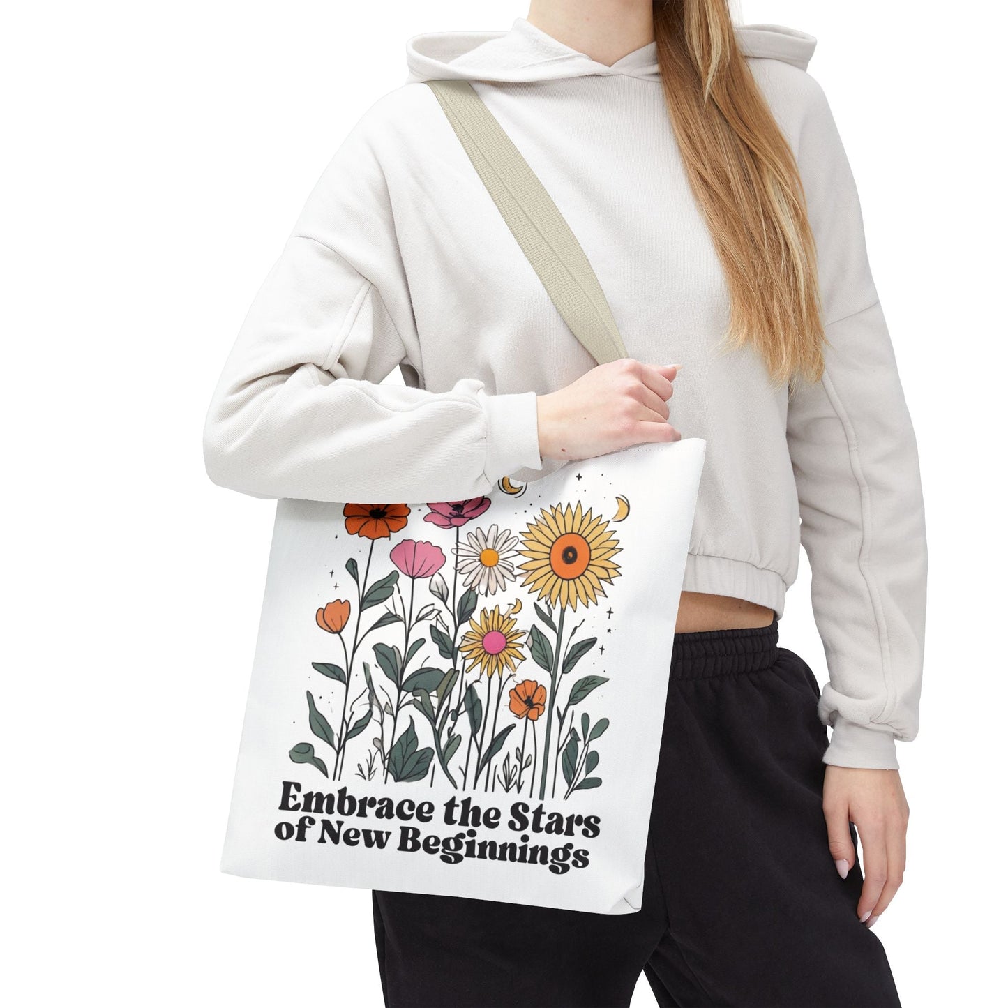Floral 'Embrace the Stars of New Beginnings' Tote Bag — Boho Sunflower & Daisy Garden ToteBags