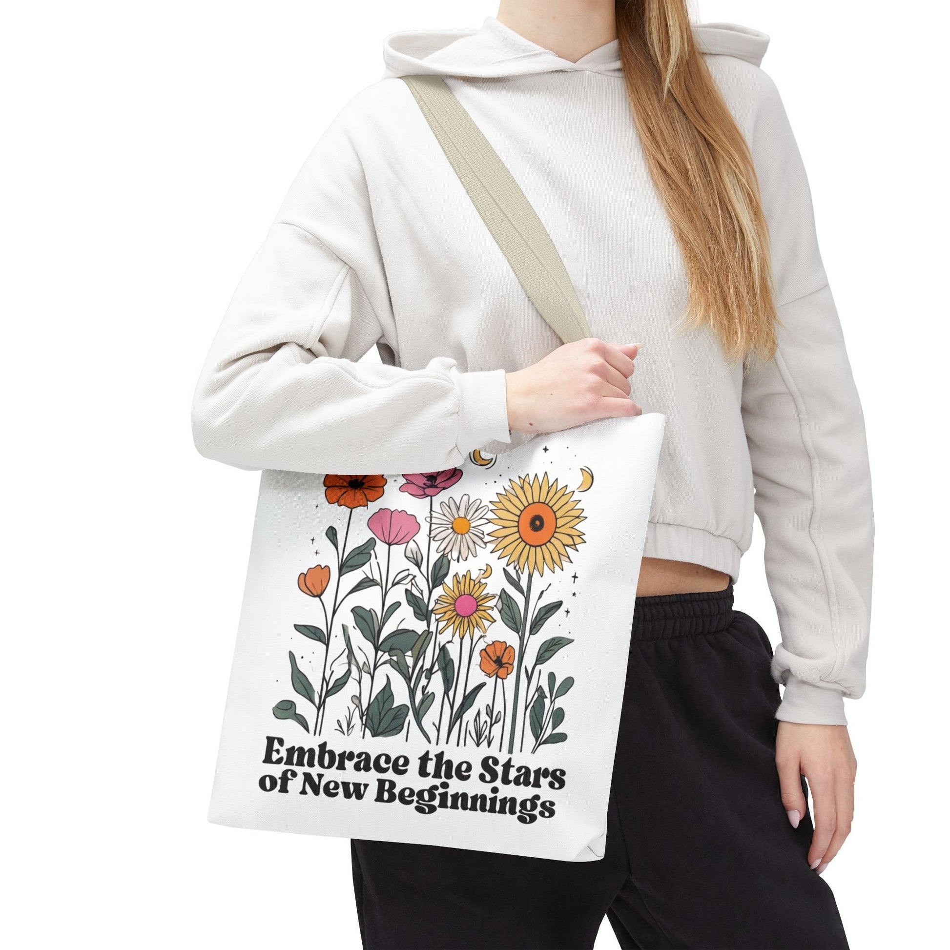 Floral 'Embrace the Stars of New Beginnings' Tote Bag — Boho Sunflower & Daisy Garden ToteBags