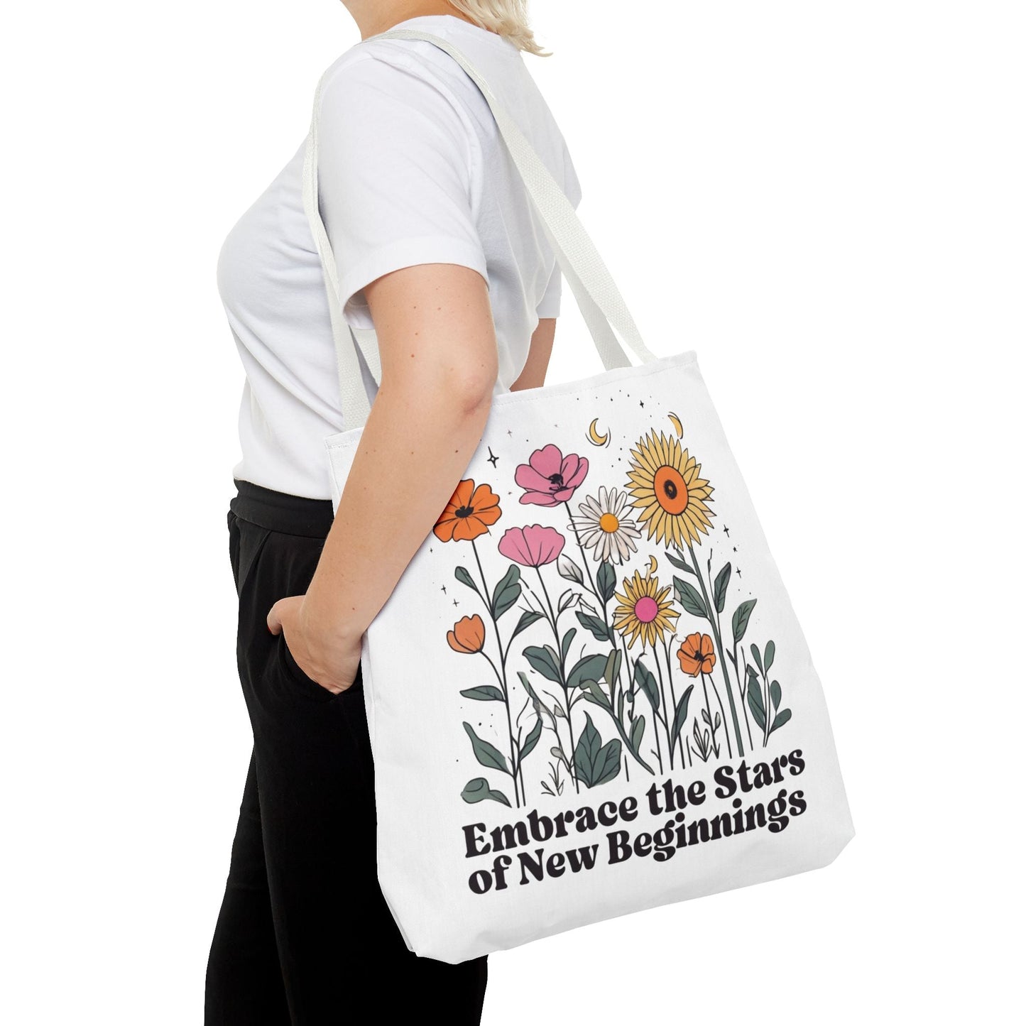 Floral 'Embrace the Stars of New Beginnings' Tote Bag — Boho Sunflower & Daisy Garden ToteBags