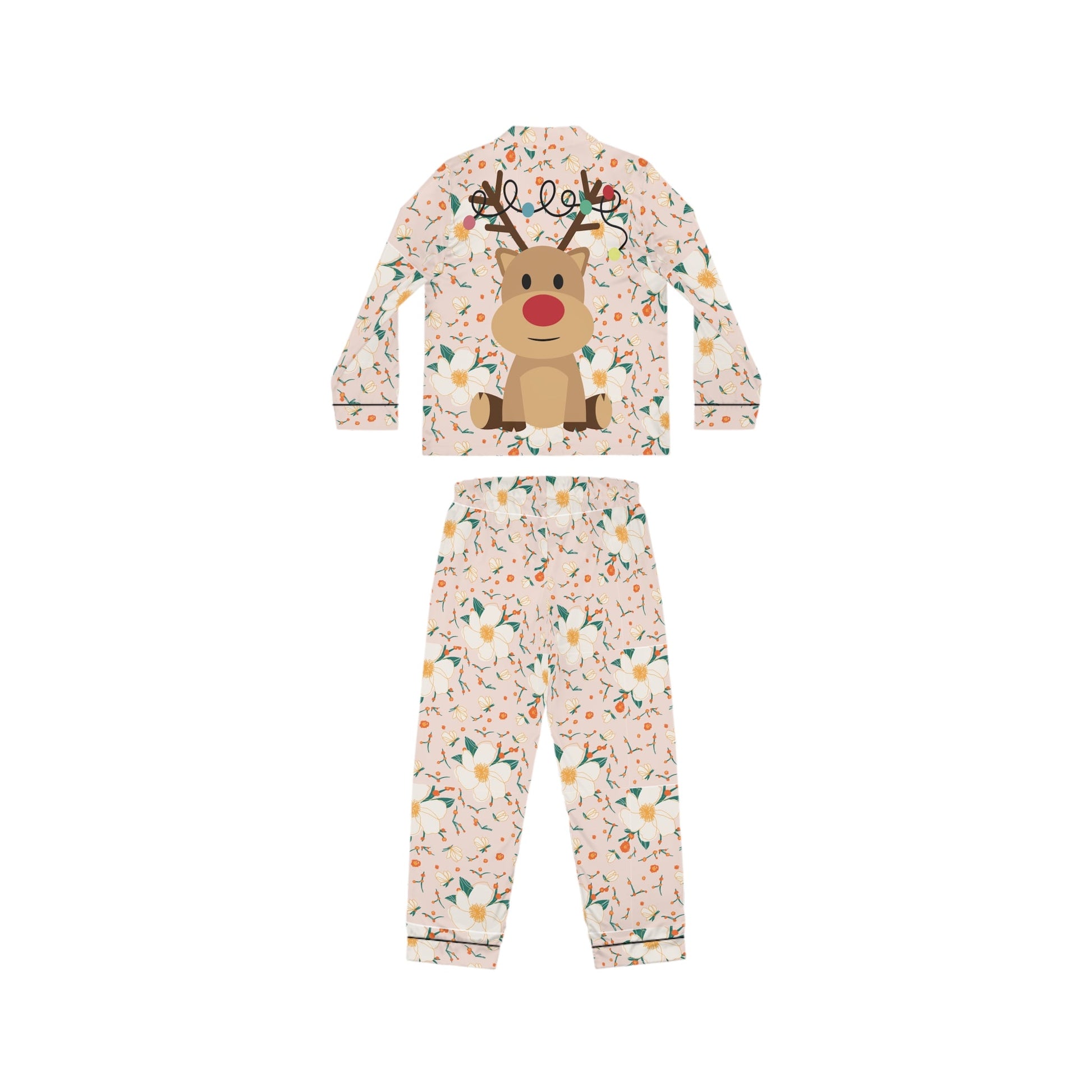 Flower pattern Christmas Reindeer on Back Satin customised Pyjamas SetAll Over Prints