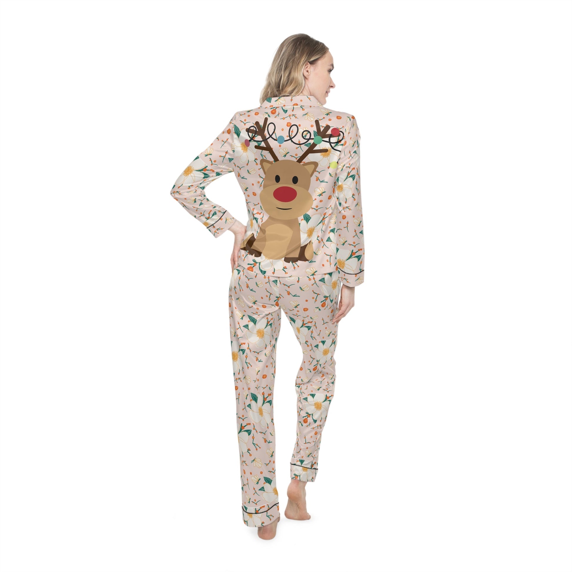 Flower pattern Christmas Reindeer on Back Satin customised Pyjamas SetAll Over Prints