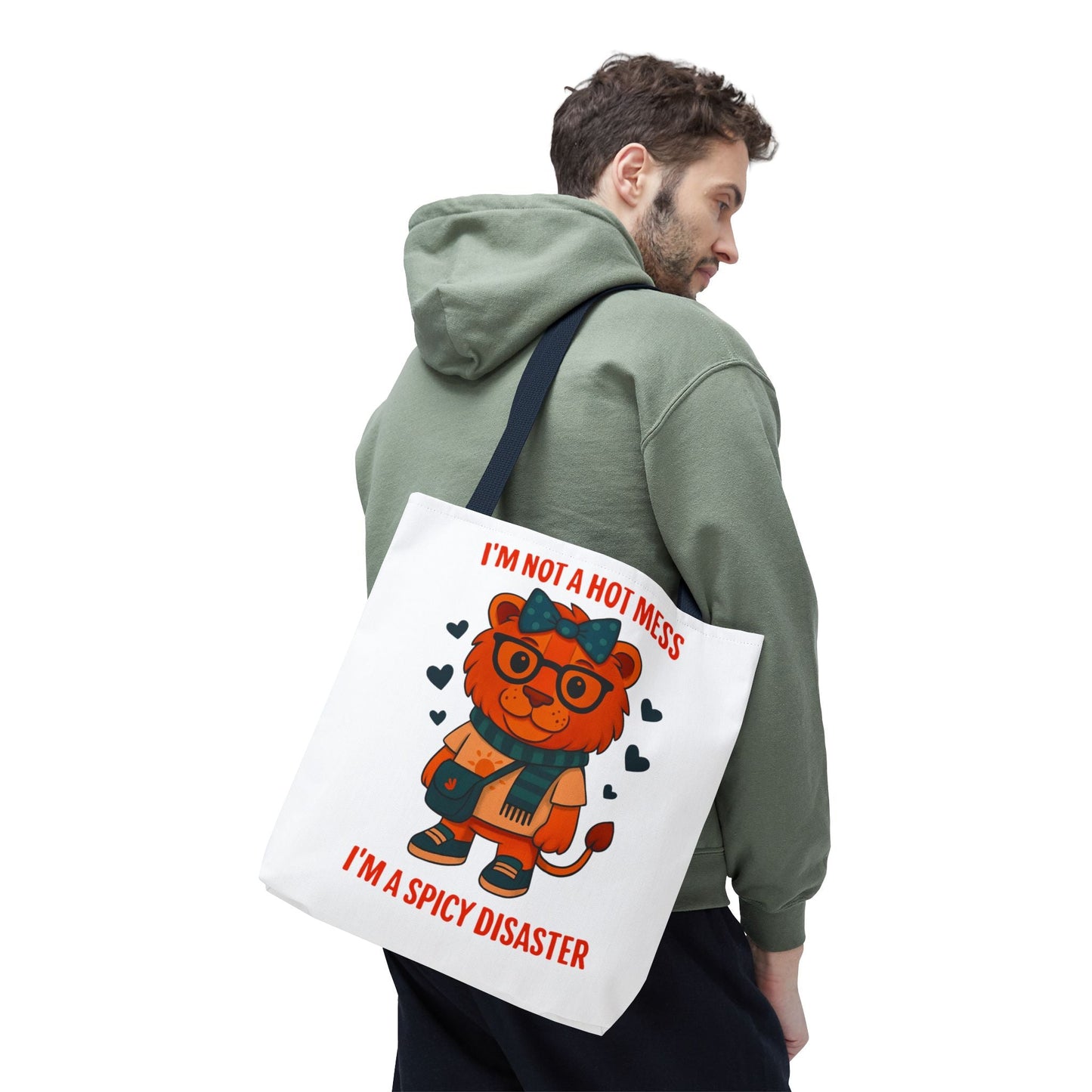 Funny Lion Tote Bag — "I'm Not a Hot Mess, I'm a Spicy Disaster" Cute Graphic ToteBags