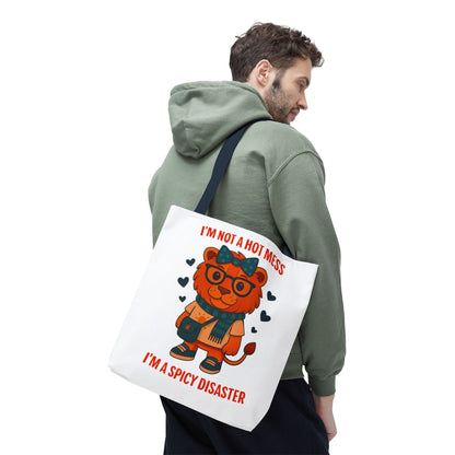 Funny Lion Tote Bag — "I'm Not a Hot Mess, I'm a Spicy Disaster" Cute Graphic ToteBags