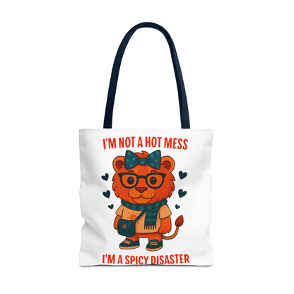 Funny Lion Tote Bag — "I'm Not a Hot Mess, I'm a Spicy Disaster" Cute Graphic ToteBags