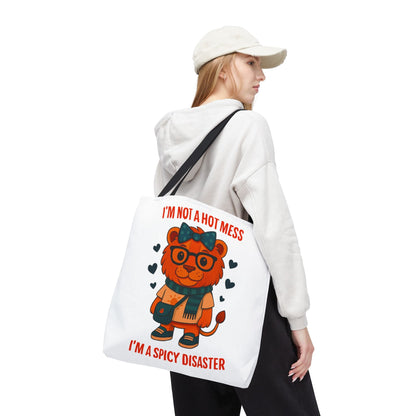 Funny Lion Tote Bag — "I'm Not a Hot Mess, I'm a Spicy Disaster" Cute Graphic ToteBags