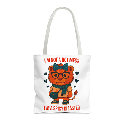 Funny Lion Tote Bag — "I'm Not a Hot Mess, I'm a Spicy Disaster" Cute Graphic ToteBags