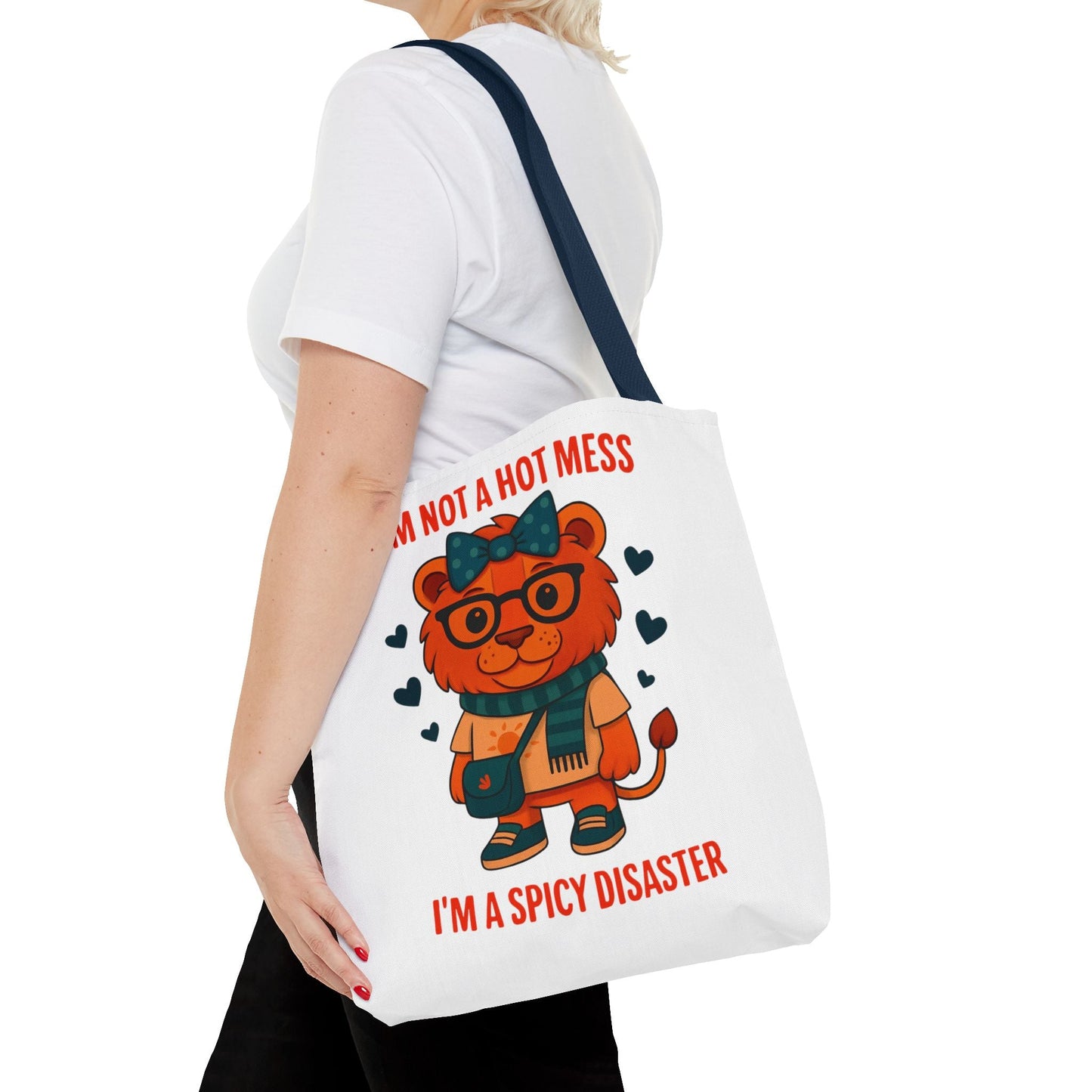 Funny Lion Tote Bag — "I'm Not a Hot Mess, I'm a Spicy Disaster" Cute Graphic ToteBags