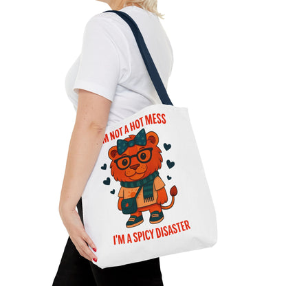 Funny Lion Tote Bag — "I'm Not a Hot Mess, I'm a Spicy Disaster" Cute Graphic ToteBags