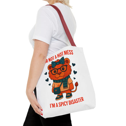 Funny Lion Tote Bag — "I'm Not a Hot Mess, I'm a Spicy Disaster" Cute Graphic ToteBags