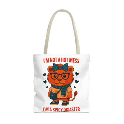 Funny Lion Tote Bag — "I'm Not a Hot Mess, I'm a Spicy Disaster" Cute Graphic ToteBags