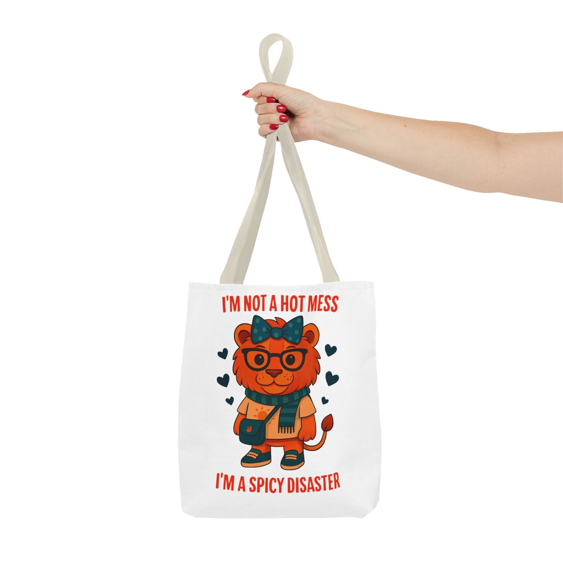 Funny Lion Tote Bag — "I'm Not a Hot Mess, I'm a Spicy Disaster" Cute Graphic ToteBags