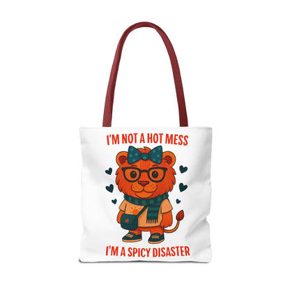 Funny Lion Tote Bag — "I'm Not a Hot Mess, I'm a Spicy Disaster" Cute Graphic ToteBags