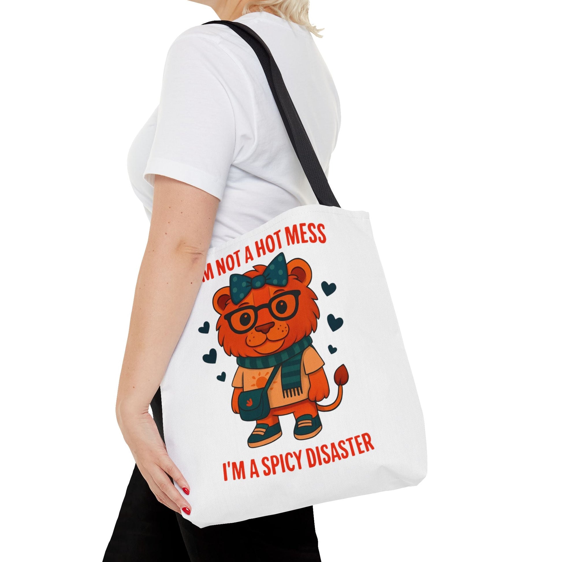 Funny Lion Tote Bag — "I'm Not a Hot Mess, I'm a Spicy Disaster" Cute Graphic ToteBags