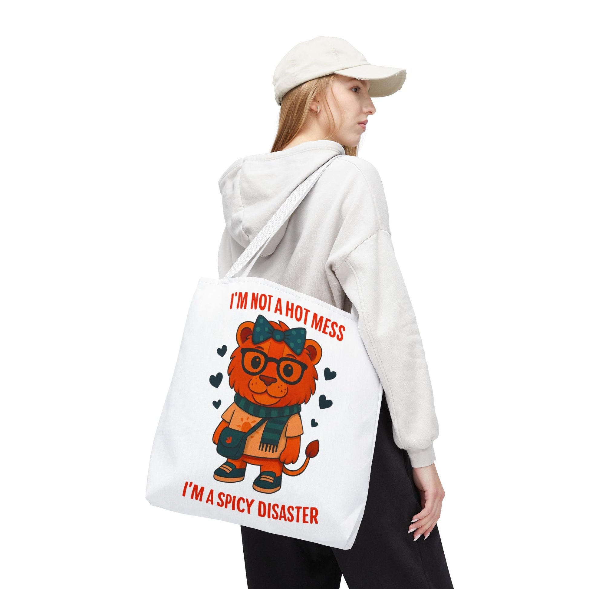 Funny Lion Tote Bag — "I'm Not a Hot Mess, I'm a Spicy Disaster" Cute Graphic ToteBags