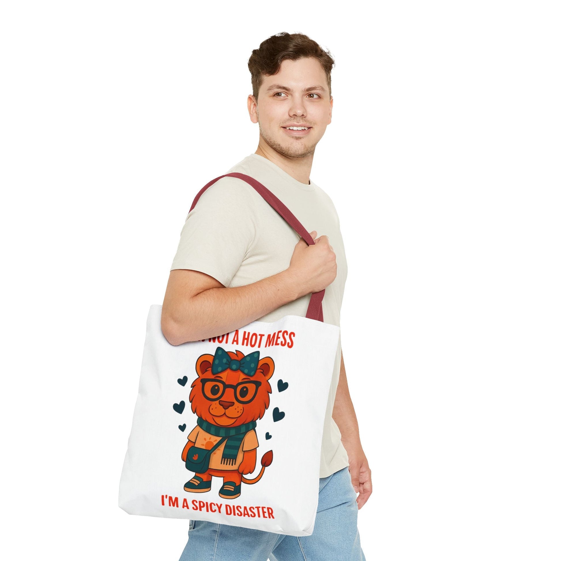 Funny Lion Tote Bag — "I'm Not a Hot Mess, I'm a Spicy Disaster" Cute Graphic ToteBags