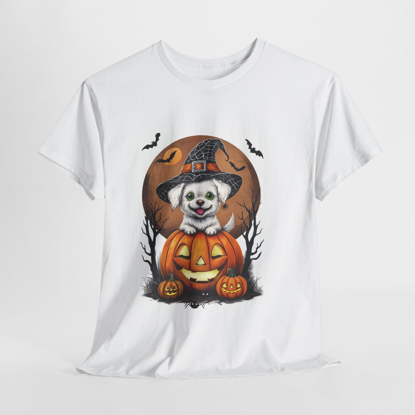 Halloween Unisex Tee with Small White Dog on Jack-O-Lantern